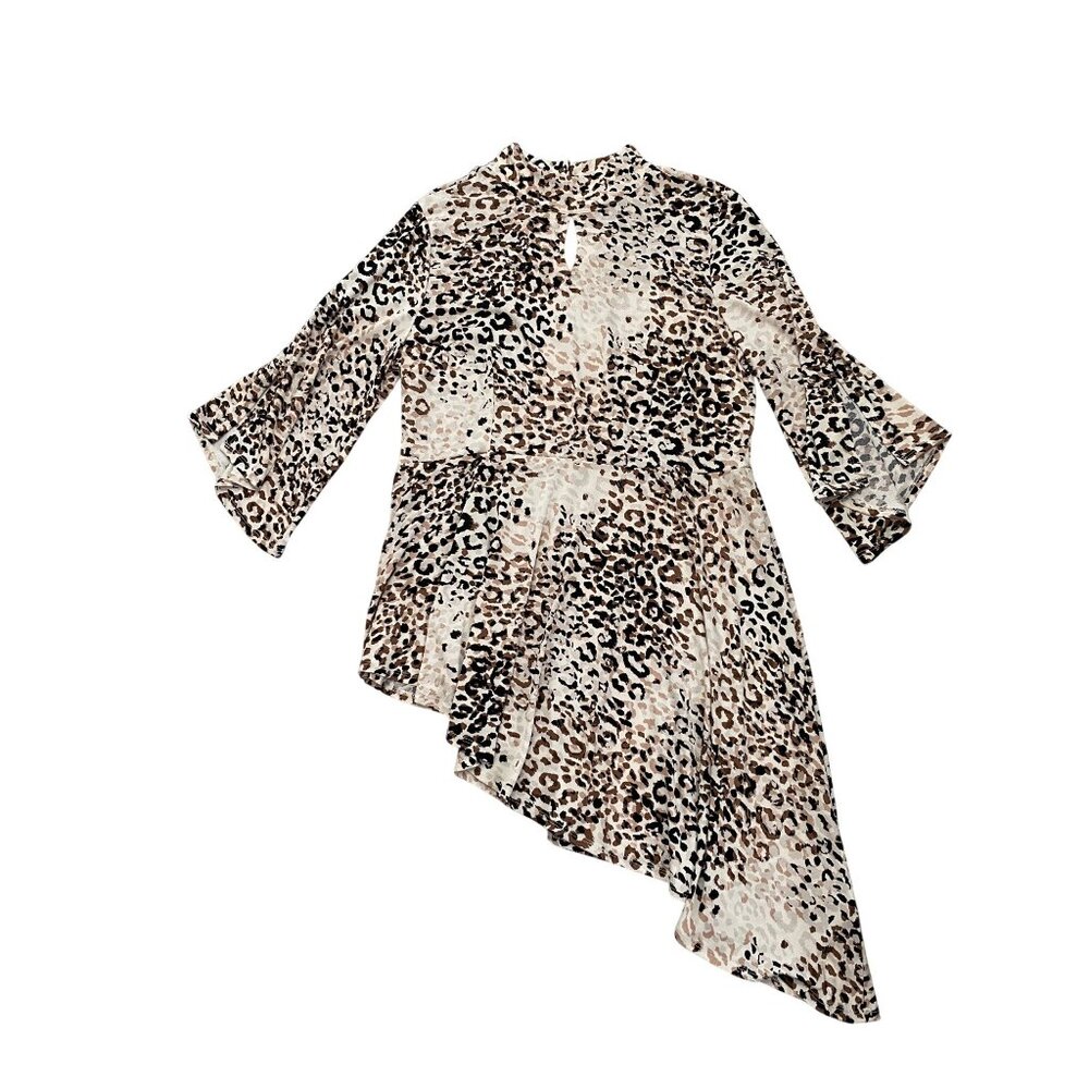 Cato Womens Large Leopard Asymmetrical Mini Dress Bell Sleeves Tan Black Stretch